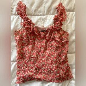 Ann Taylor Silk Floral Flutter Ruffle Tank Top